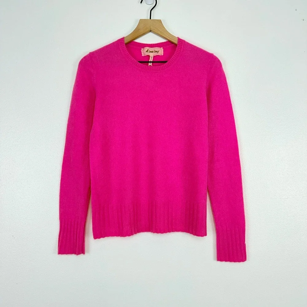 Ainsley 100% Cashmere Crew Neck Sweater Women M Bright Pink Soft Cozy Luxury - Picture 2 of 16
